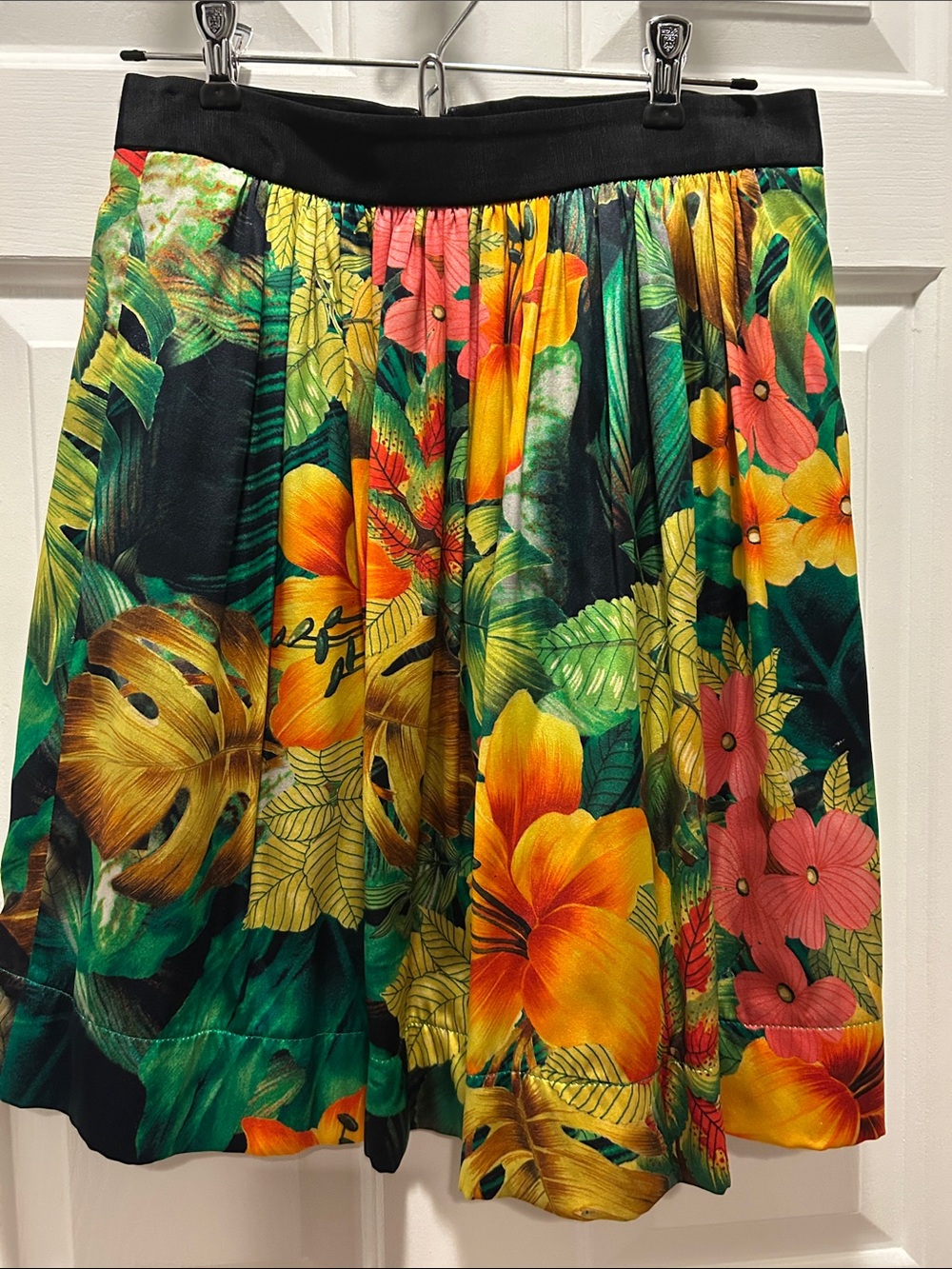 Pink Tartan Tropical Floral Circle Silk Skirt - Black, Green & Yellow